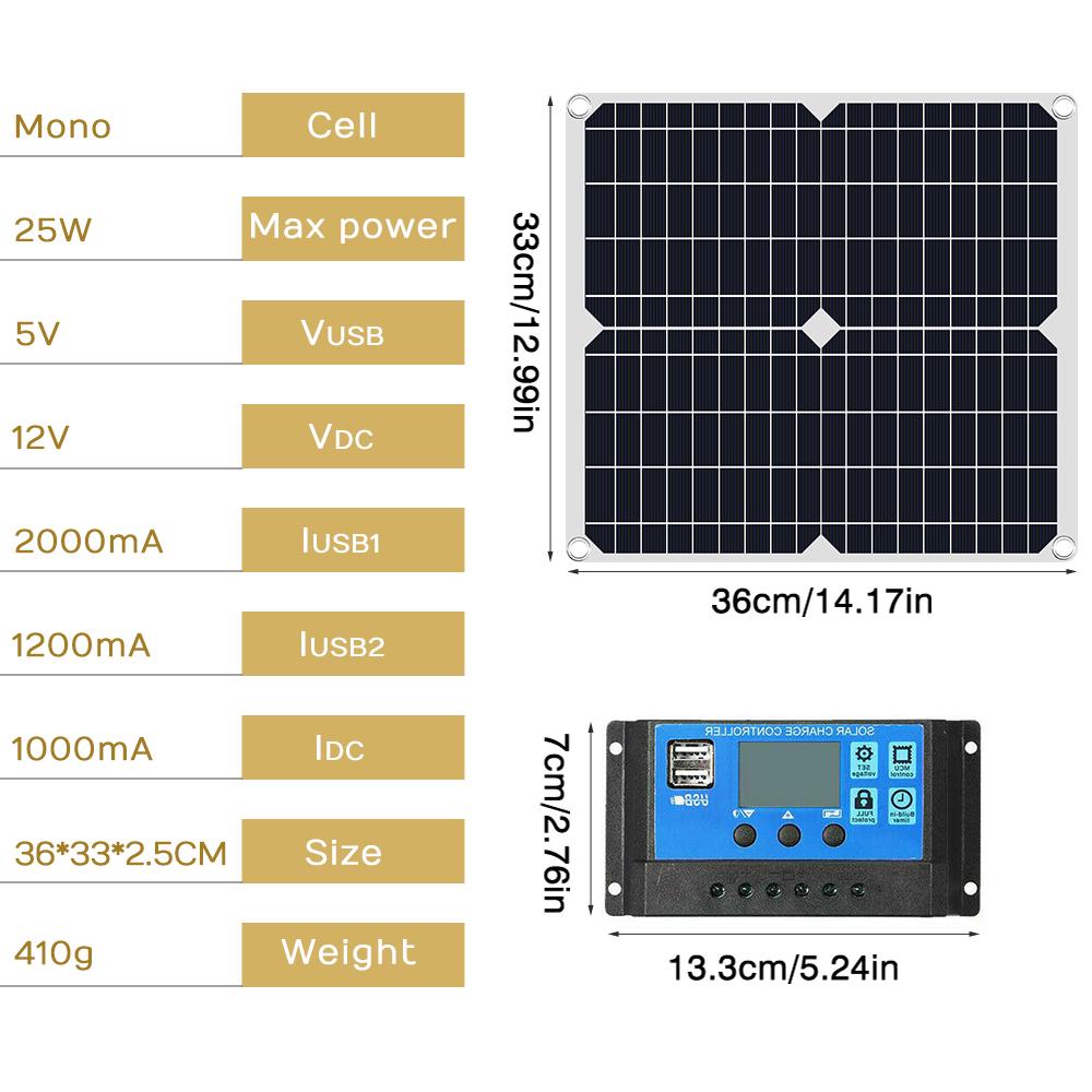25W 18V Portable Solar Panel with 100A Controller Monocrystalline 12V Battery Charger for Camping - Includes Suction Cups & Car Charger