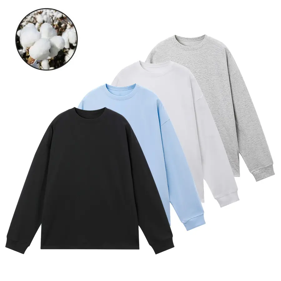 Men’s sweatshirt, 100% cotton, loose drop-shoulder long sleeves—soft, skin-friendly feel, super comfortable. Casual base layer top that holds up after multiple washes, doesn’t lose shape or pill.