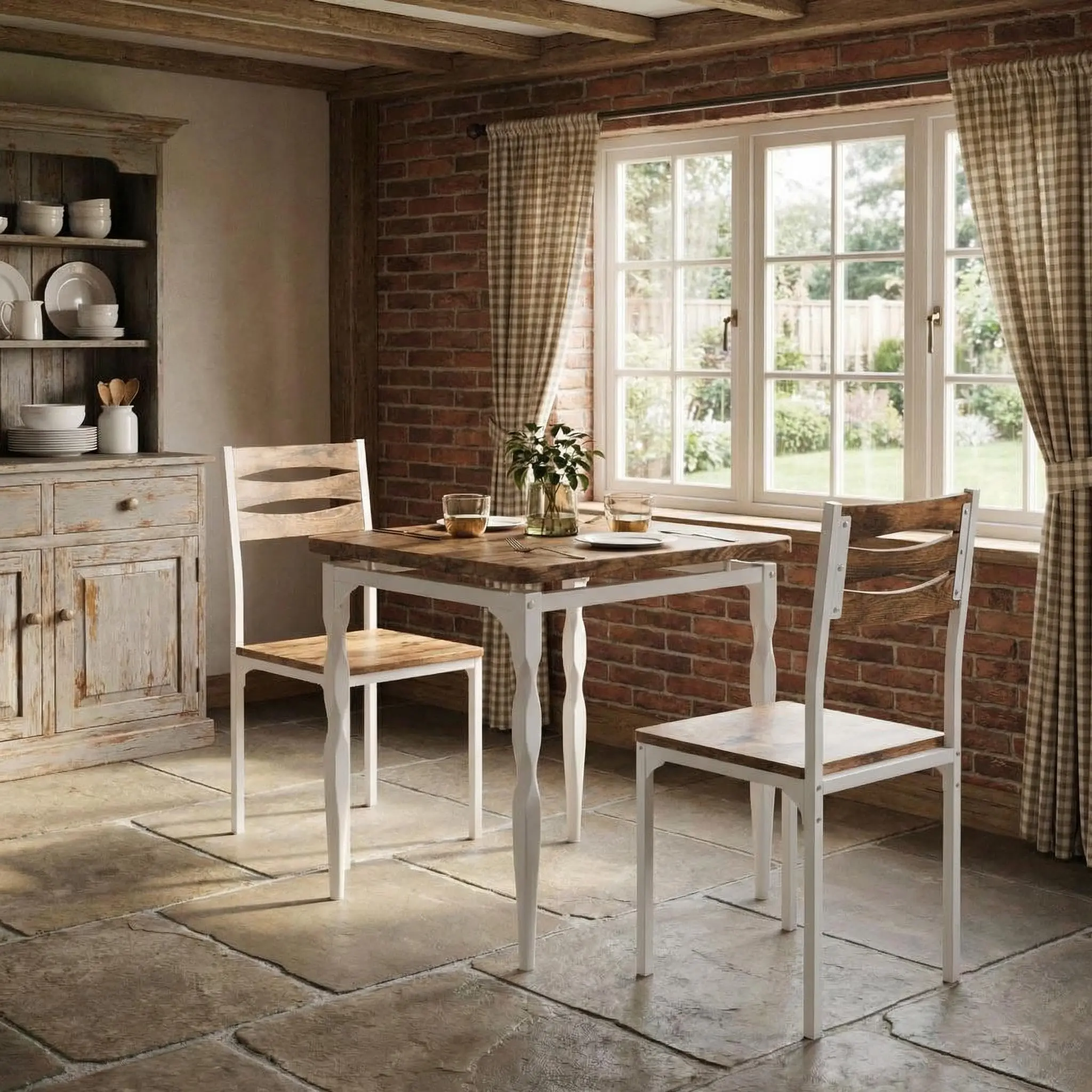 Garvee Esstisch Set für 2, Esstisch und Stühle 2er Set, 3-teiliges Esstisch-Set mit spiralförmigen Tischbeinen für kleine Räume, Küche, Wohnung, Weiß Braun