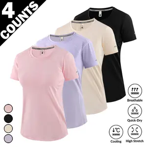 Women's 4-Pack Quick-Dry Short-Sleeve Sporty T-Shirts - Gym Sportswear, Fitness Casual Tshirt, Gym Apparel Multipack, Ultra-Stretchy, Cooling, Breathable, Sweat-Wicking, Gentle Design, Multi-Color, Suitable for Running, Yoga
