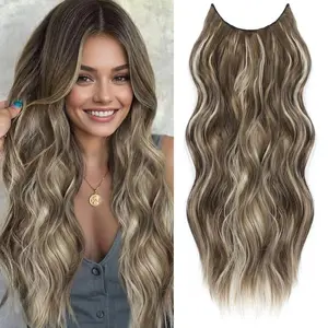 Plodon 16/20/24 Inch One-Piece Hair Extensions, 5 Safety Clips Secure Fit, Ash Brown Mix, Bleach Blonde, Curly Body with Glue-Free Lace Closure & Straight Ends, Heat-Styleable, Easy to Manage Wireless Wearable Crimped Wavy Hairpieces, Long Extensiones.
