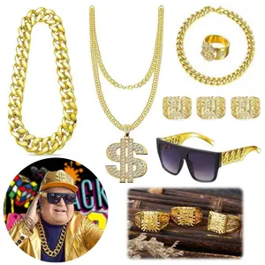 8 pcs Hip Hop Rapper Accessories Rapper Sunglasses Faux Gold Rope Chain Bracelet Dollar Sign Chain Ring Kanji Ring Beauty & Personal Care