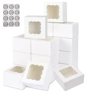 Cupcake Boxes 3.39'x3.39'x2.48', Food Grade Cupcake Holders Bakery Carrier Boxes with Windows and Stickers, Muffins and Pastries