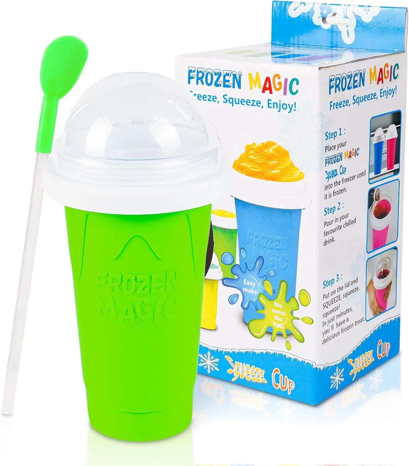 Magic Slushie Maker Cup | DIY Freeze & Squeeze Slushy Cup | BPA Free | 2-in-1 Straw & Spoon | Tube & Cup Cleaning Brushes Included | Summer Gadget for Kids & Adults | Green