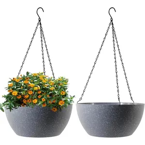 13 inch Large Hanging Planters  Pots for Outdoor Indoor  with Drainage Holes and Chain, 2 Pack Round Hanging Flower Pots for Garden Home Porch Decor, Speckled Grey