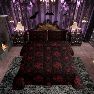 Adults Gothic Comforter Set Queen Size Vintage Rose Comforter for Boys Girls Teens Red Black Damask Bedding Set Luxury Floral Flower Duvet Set Room Decorations Set