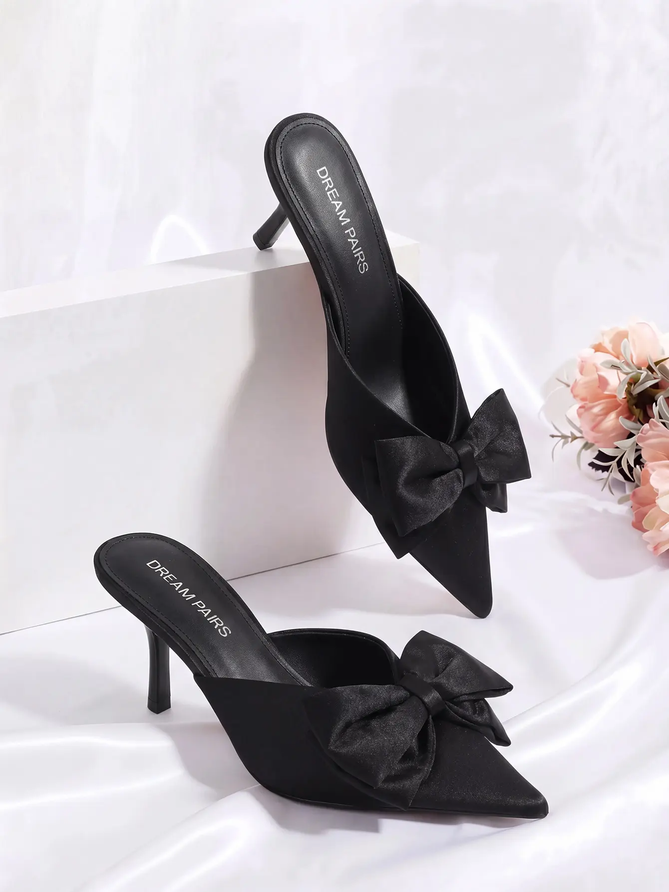 Dream Pairs Women's Pointed Toe Stiletto Mule Pumps with Bow Detail, 3.05" Heels with Cushioned Insole for Wedding Guest, Party, Footwear, Cushioned Footwear