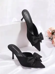 Dream Pairs Women's Stiletto Heel Mules 3.05 Inch High Heel Pointed Toe Bow Detail Slip On Pumps Foam Insole Cushioned Wedding Guest Party Dress Shoes