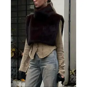Women’s Fur Shawl Vest, Sleeveless High-Neck Solid-Color Waistcoat Jacket, Casual Fashion Outerwear for Autumn & Winter