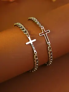 2-piece set of WWJD hollow-out personalized and minimalist high-quality stainless steel cross bracelets for couples, suitable for men and women. Ideal for daily wear and as a party gift