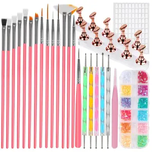 25PCS Nail Art Tools Set, Includes Nail Art Brushes, Nail Stand, Dotting Tools, Striping Liner Fingernail Drawing Pens, Jelly Glue, tweezers, Sequins, Professional Nail Art Supplies Kit