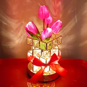 Creative Gift Tulip Cube Night Light - High-End Crystal Atmosphere Bedside Lamp with Dimmable Features for Bedroom Decor table decorative room stylish lighting color