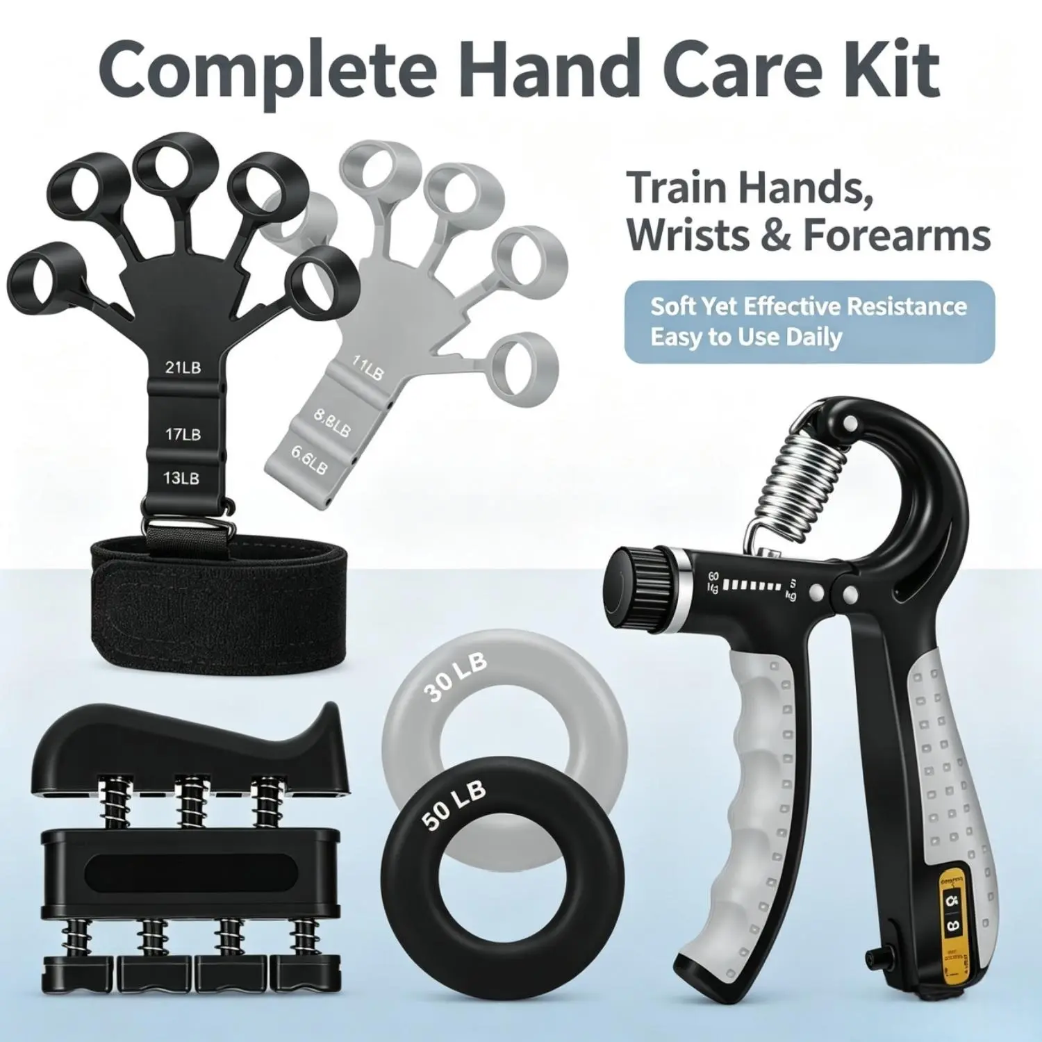 Grip Strength Trainer Kit 6 Pack with Finger Exerciser, Hand Grip Strengthener, Hand Extension Exerciser and Forear, Guitar Piano Rock Climbing, Hand Rehabilitation Stress Relief, m Workout Ring for Muscle Building and Injury Recover