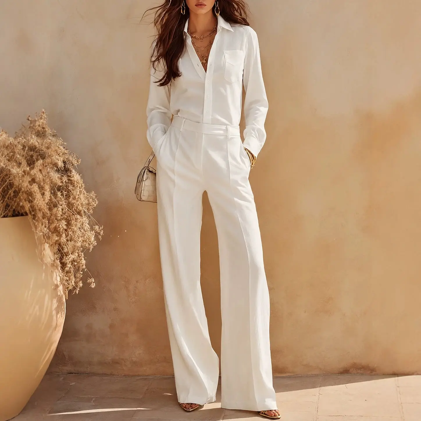 New High-waisted Wide-leg Pants Suit Two-piece Set