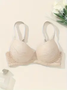 Women's Lace Push Up Bra with Patchwork Design, Sexy Max Support Lingerie for All Seasons, 3/4 Coverage Underwire Bra