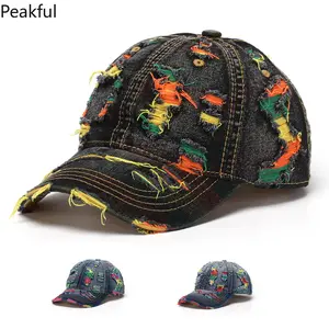 Vintage Women’s Denim Baseball Cap – Tear-Style with Colorful Lines, Trendy & Casual Outdoor Hat for Streetwear, Stylish & Comfortable for Daily Fashion