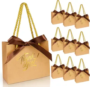 60 Pack Small Thank You Gift Bags with Handles 5.5 x 2.4 x 4.7 Inches Mini Brown Gift Bags with Bow Ribbon Tiny Party Favor Bag Bulk for Easter Mother's Day Baby Shower Wedding (Brown)