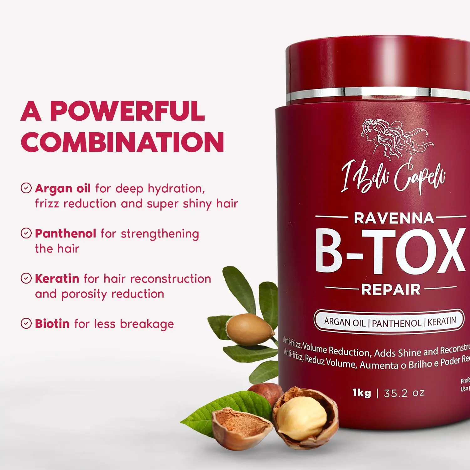 I Belli Capelli Ravenna B-tox Repair Treatment for Hair - Brazilian Keratin, Argan Oil, Panthenol, 35.2 oz (1kg)