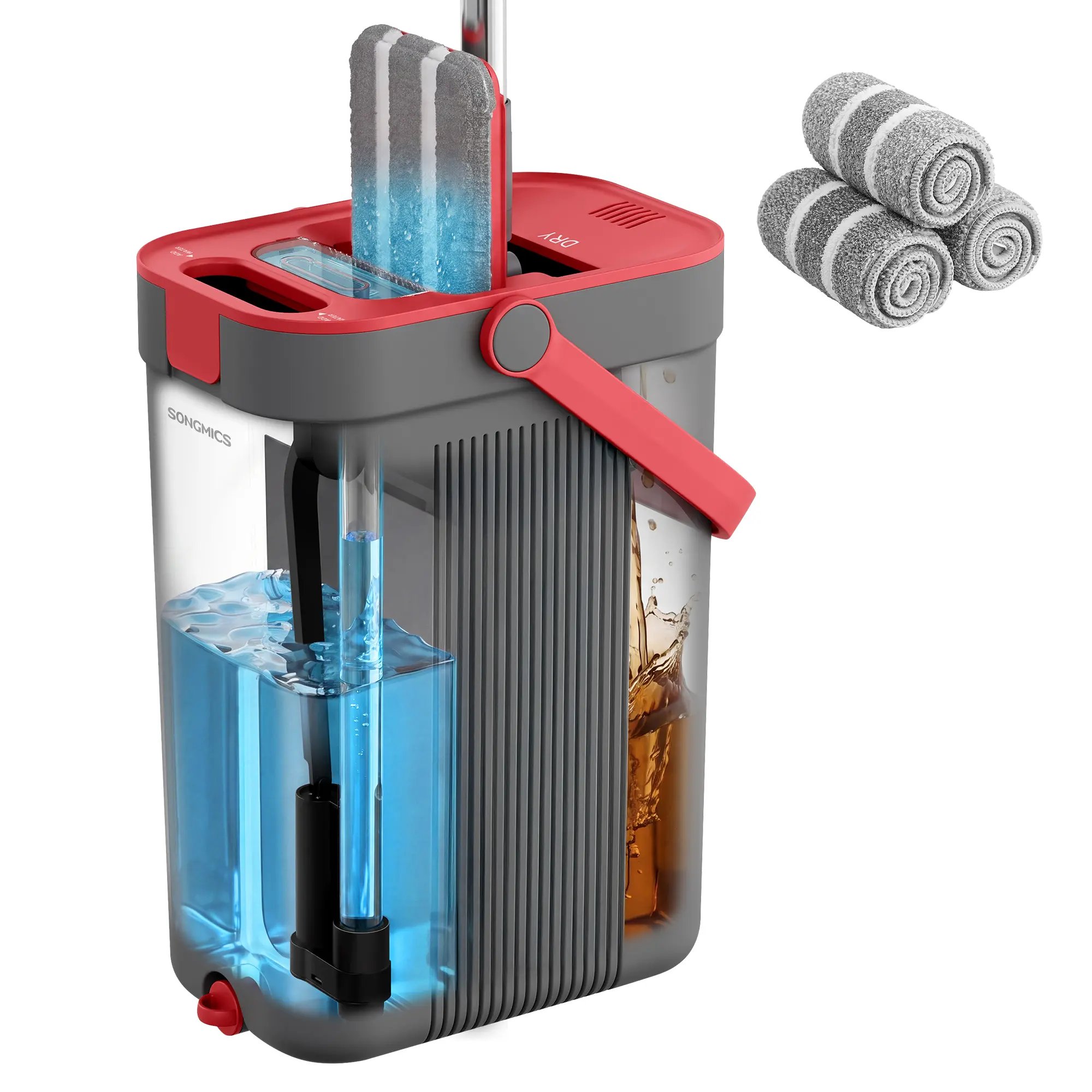 SONGMICS Mop and Bucket Set, Flat Mop with 3-Chamber Clean & Dirty Water Separation System, 360° Rotating Head