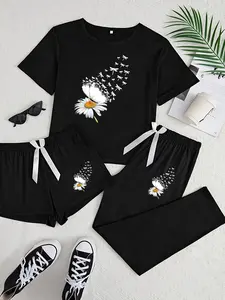 Cute Flower Three-Piece Set, Cartoon Pattern, Loose-Fitting Casual Home Wear, Womenswear, All-Seasons Comfortable, Perfect for Daily Use