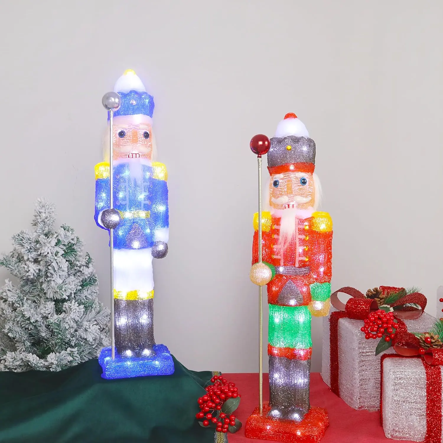 Acrylic Christmas Nutcracker Figure Decor with LED Lights Festive Window Fireplace Tabletop Living Room Indoor Holiday Display Decoration (Red)