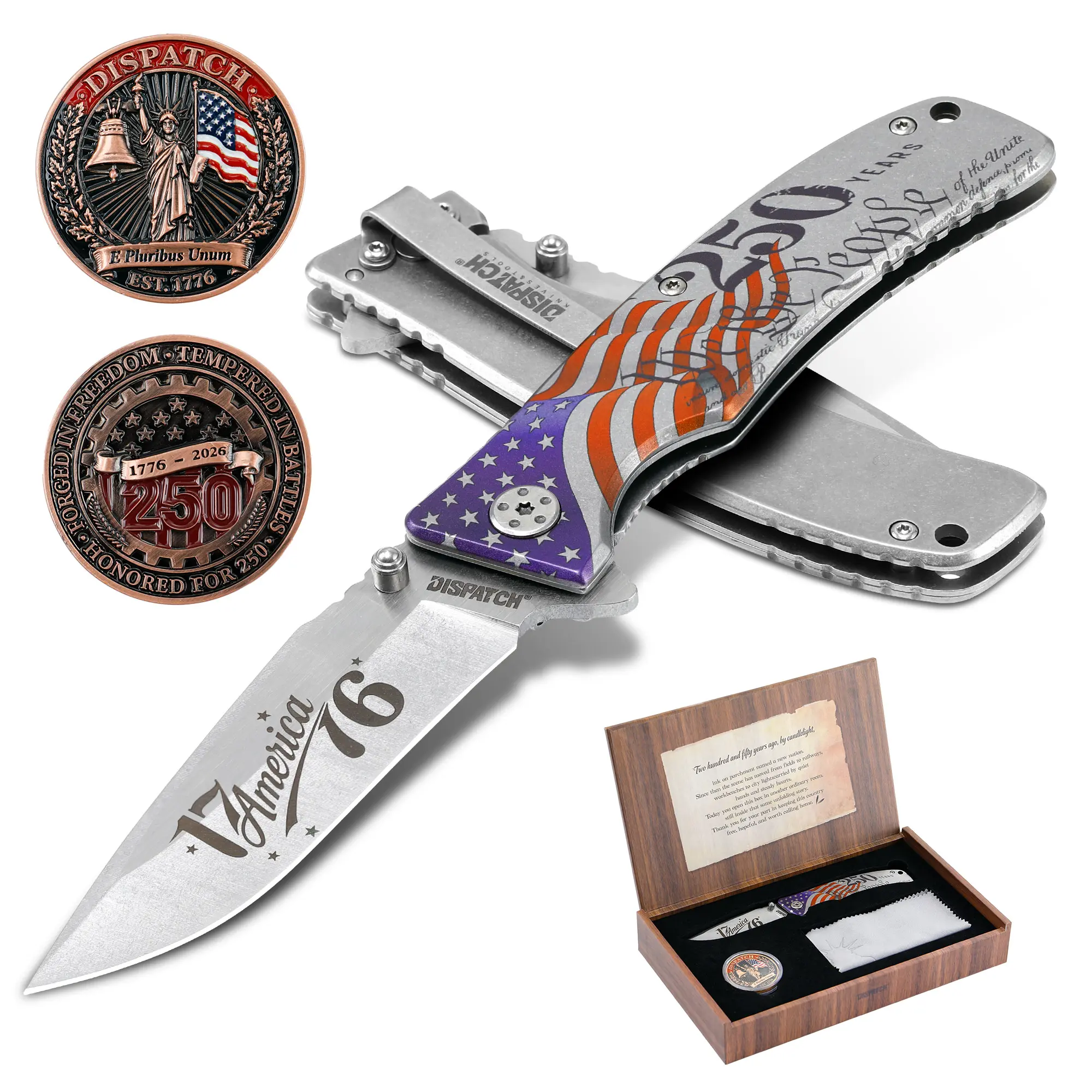 250th Anniversary Folding Knife Gift Set – Patriotic EDC Pocket Tool Knife with Stainless Steel Blade & Liner or Frame Lock, Commemorative Coin, Presentation Box and Cleaning Cloth for Men