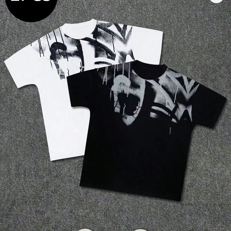 2 piece set Men's summer niche graffiti hip hop style short sleeved T shirt, summer trend high street street style versatile sports and casual loose fitting clothes