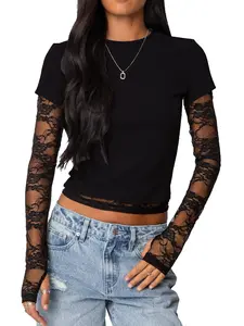 Women's Lace Trim Thumb Hole Tee,Trendy Casual Long Sleeve Round Neck T-shirt for Daily Wear, Ladies All Seasons Tops