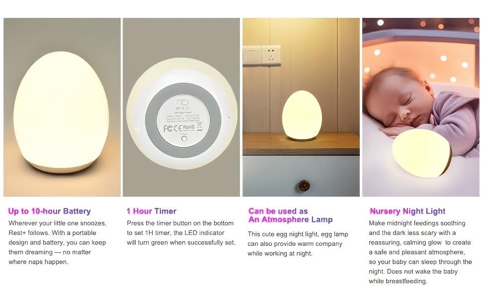 Rechargeable Egg-Shaped Night Light with 7 Color Modes Adjustable Warm White LED Touch Control Timer 100 Hours Battery Life for Teen Sleep