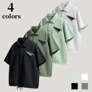 Men’s short-sleeve camping shirt with bubble ruched texture, contrast color triangle patch pockets, adjustable drawstring hem; lightweight summer top with ruched texture, men’s camping shirt, colorblock triangle pockets, adjustable drawstring hem, loose f