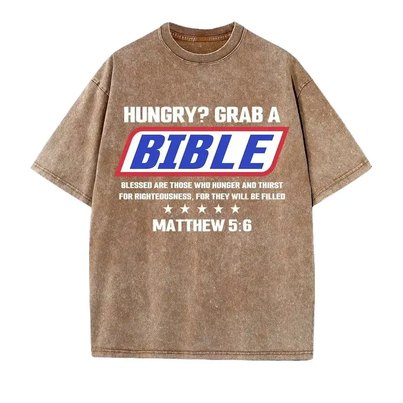 HUNGRY?GRAB A Unisex Washed Christian Shirt, Christian Scripture T-Shirt, Vintage Retro Washed Shirt Single-Sided Printed High Quality Christian T-Shirt, Christian Gifts, Men's And Women's Shirts, Comfortable, Fashion Christian Shirt
