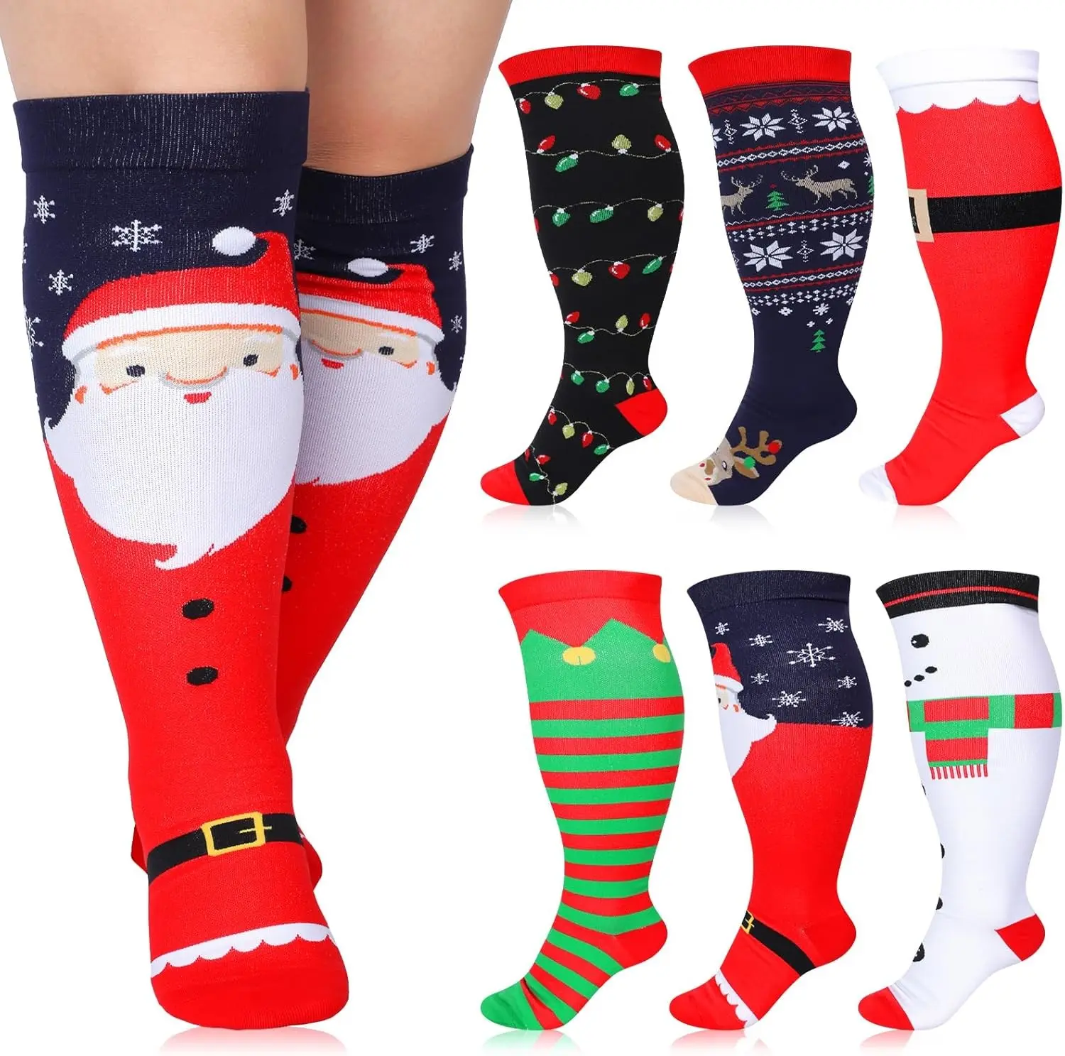 Cutecrop 6 Pairs Christmas Plus Size Compression Socks Wide Calf for Women Men 20-30 Mmhg Extra Wide Knee High Support Socks