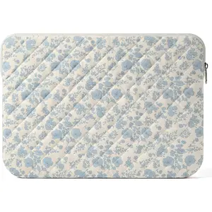 13-14 inch Cotton Quilted Laptop Sleeve for Women, Aesthetic Puffy Laptop Case Carrying Bag Compatible with MacBook Air/Pro 13/Pro 14, Soft Computer Liner Bag (Blue Floral, 13.3 inch)