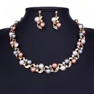 A Stylish Creative 3pcs Jewelry Set Includes Colorful Faux Pearl Necklace and Earrings, Perfect for Brides