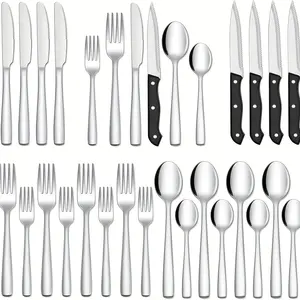 24pcs Silverware Set with Steak Knives, Stainless Steel Flatware Cutlery, Mirror Polished Flatware Serving Utensils Set for 4, Includes Forks Spoons Knives Cutlery, Dishwasher Safe & Kitchen Items Deal, Holiday Tableware, Home Dining, Sleek Design, Moder