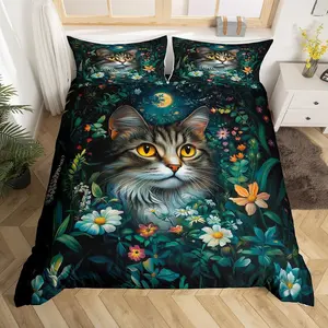 Cat Pet Duvet Cover,Cute Farmhouse Animald Comforter Cover,Bohemian Jungle Night Bedding Set,(Not Comforter),Wild Flowers Leaves Quilt Cover