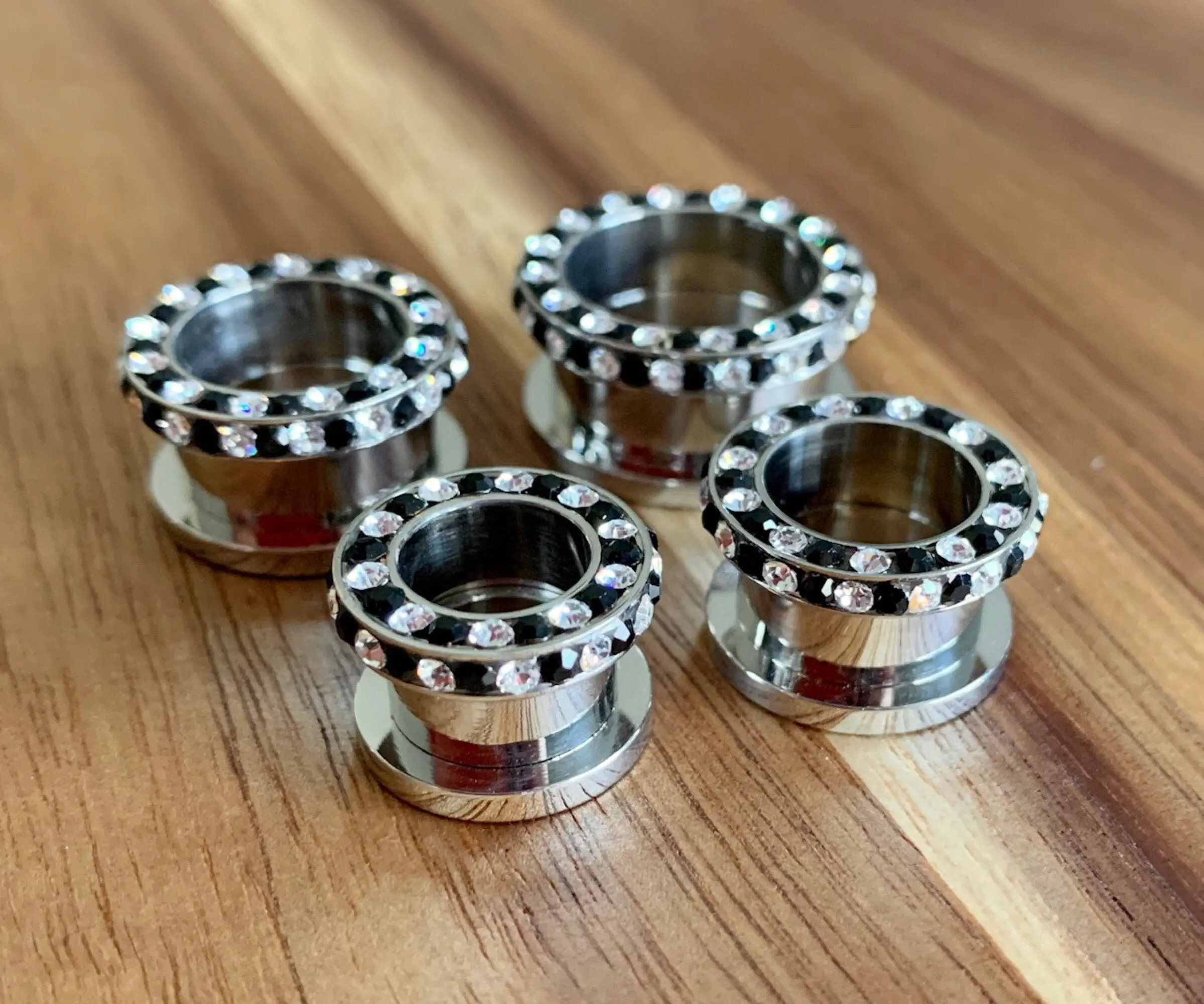 PAIR of Stunning Internally Threaded Tunnels with Black & Clear Rim and Side Gems - Gauges 1/2" (12mm) thru 3/4" (16mm)