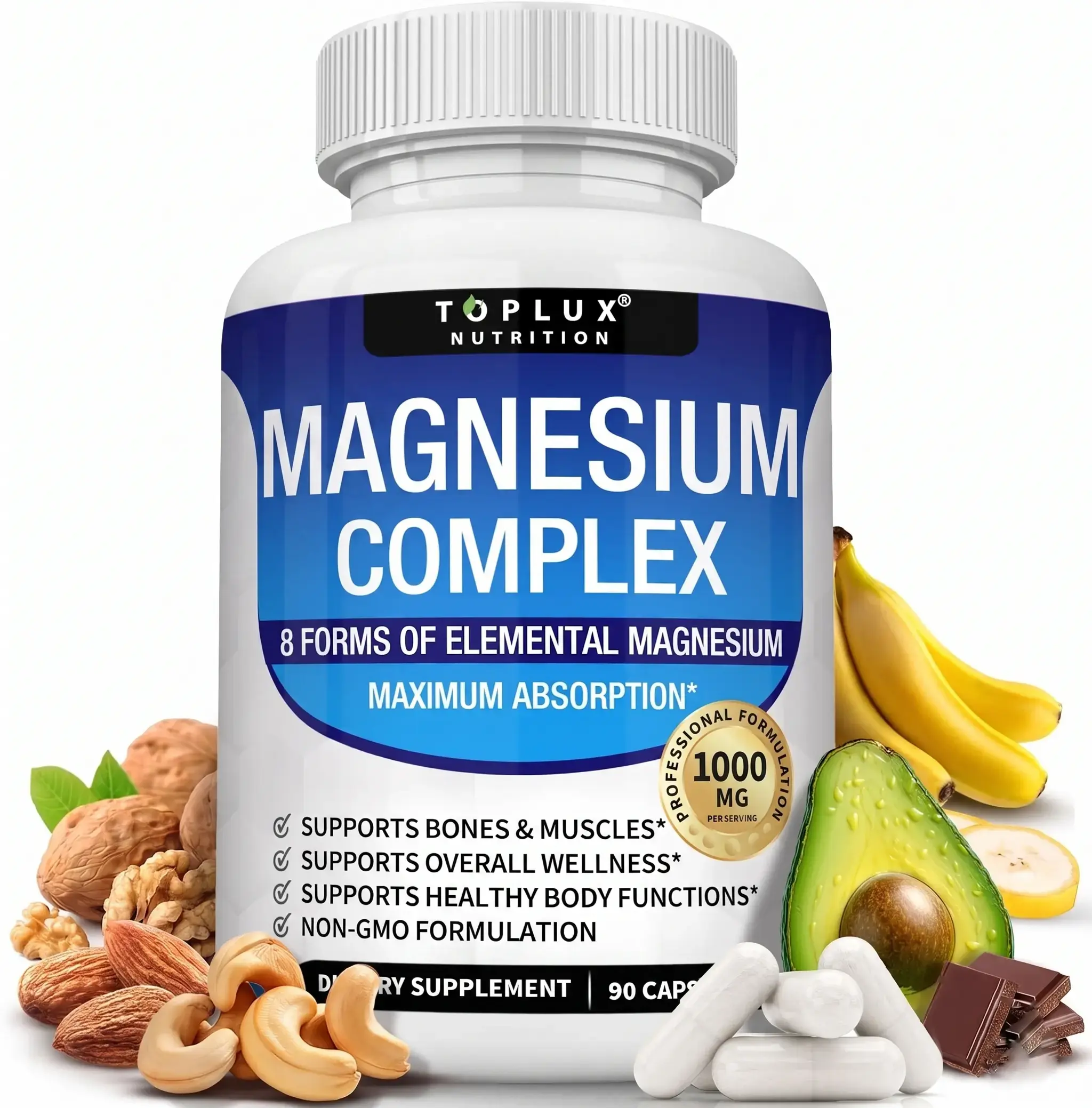 Toplux Nutrition Magnesium Complex 1000mg 90Capsules 7 Elemental Sources for Bone MuscleSleep Immune Support Malate Taurate ChelatedEasy Absorption for Men Women - Mineral,Healthcare