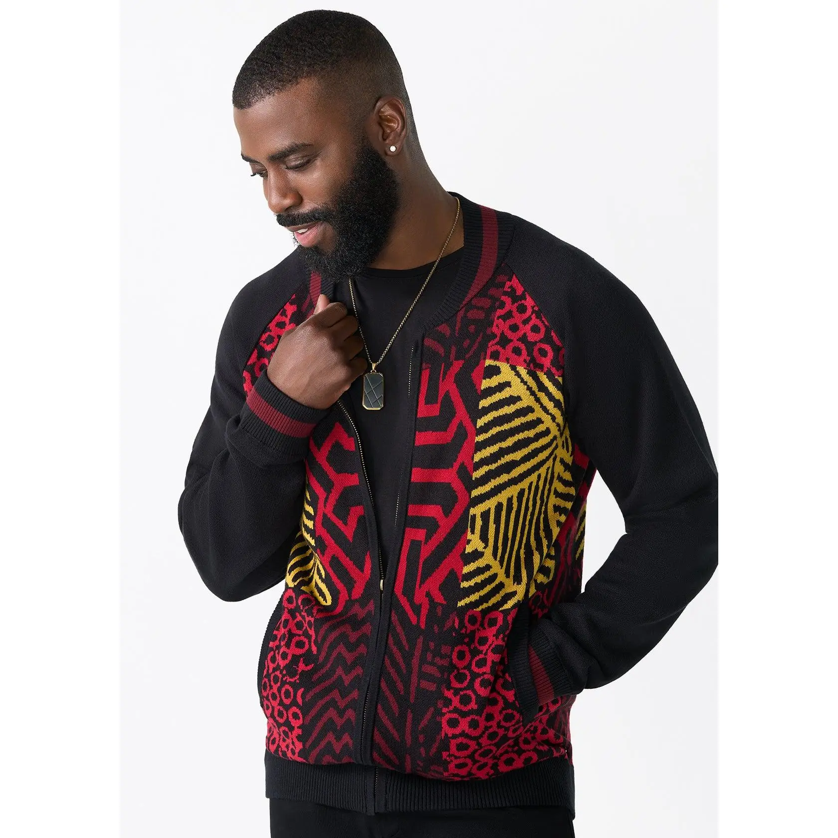 Togo Men's African Print Zip-Up Sweater (Black Cherry Multipattern)