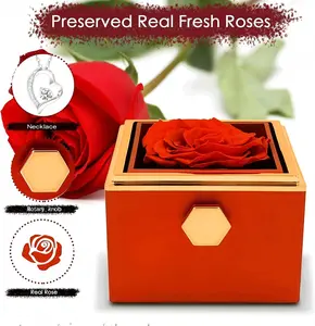 Rotatable Jewelry Box with Necklace - Preserve Red Rose Boxs for Women Mom Wife Girl Perfect Gift for Christmas, Valentine's Day, Anniversary & Birthday gifts