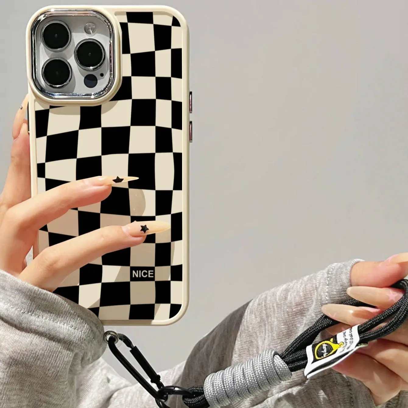 Plaid Pattern Phone Case with Lanyard for Summer Gift, 1 Count Phone Protector Cover, Shockproof Protective Phone Cases for iPhone 11 12 13 14 15 Pro