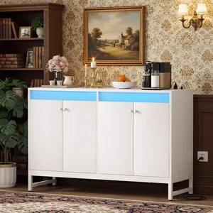 Sideboard Buffet Cabinet with Power Outlets and LED Lights, 4-Door Farmhouse Kitchen Storage Cabinet, Wood Coffee Bar Cabinet Buffet Table for Dining Room, Living Room, Entryway