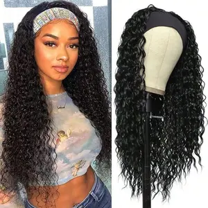 Headband Human Hair Wigs Black Water Wave Natural Hairline Full Machine Made Wigs None Lace Front Human Hair Wigs 180% Density For Black Women Beginner Friendly