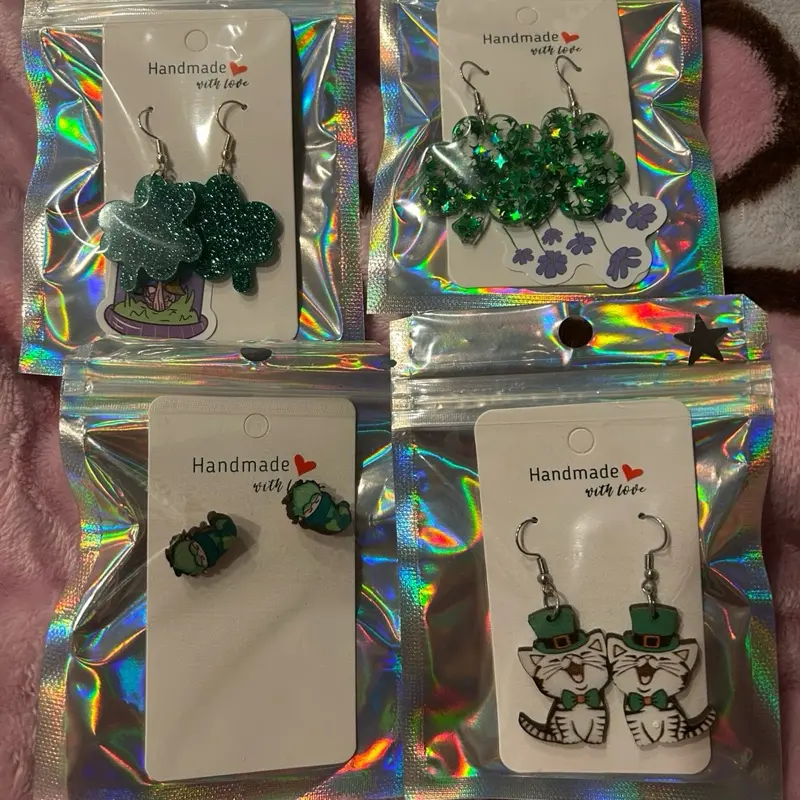 Patrick's Day Earrings - Handmade with Decorative Designs - Includes Decorative Charms - Packaged in Clear Plastic