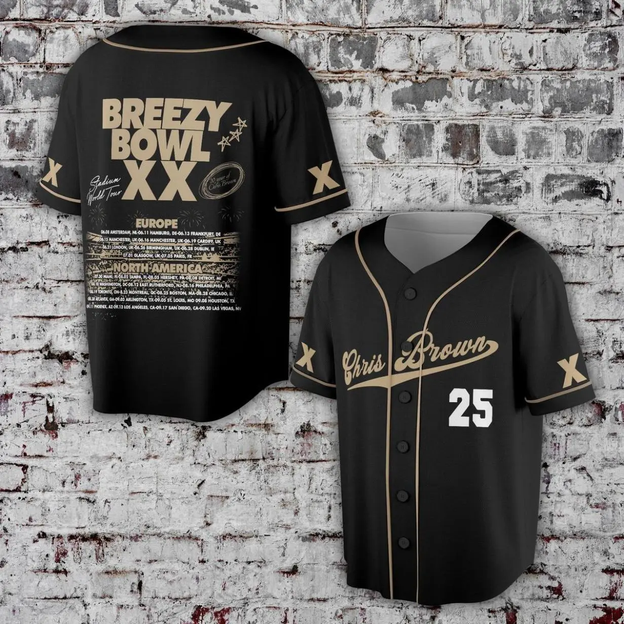 Breezy 2025 Tour Chris Baseball Jersey Buttons With Breathable For Music Concert Unisex Wear jersey Breathable Men's Baseball