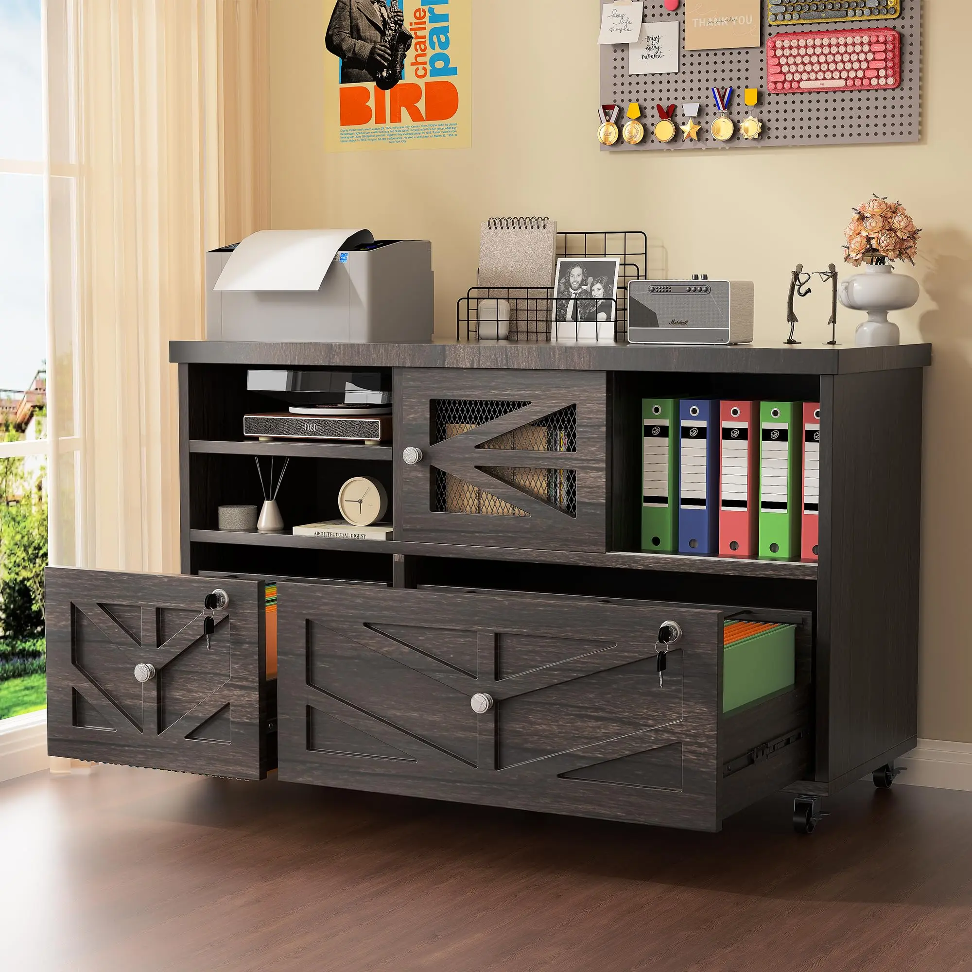 Modern 2-Drawer Locking Rolling Office Furniture File Cabinet with Wheels, Lateral Filing for Home Office, Legal/Letter Size, Sturdy Wooden Top, Herringbone Pattern, Drawer Organization