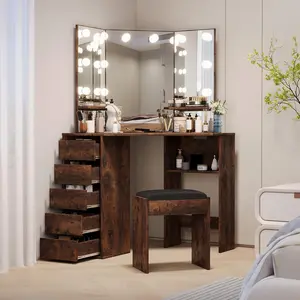 Corner Vanity and Stool - Corner Vanity Desk with Mirror and Lights - Corner Makeup Vanity with Power Outlet - 3 Color and Brightness Adjustable Light - Makeup Vanity for Girls and Women - Brown