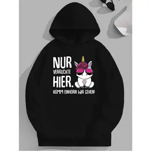 Men's funny unicorn design with German text for a humorous and quirky appeal Graphic Hoodie - Long Sleeve Pullover Regular Fit | Soft & Breathable Fabric, Durable Print, Everyday Comfort, Machine Washable, cartoon and playful casual wear, likely targeted