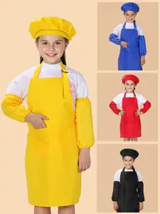 3Pcs Kids Solid Color Chef Hat, Sleeve Covers and Apron Set, Simple and Durable, Protect Clothes from Kitchen Oil and Water Stains, Perfect for Girls Cooking and Baking, Ideal Gift