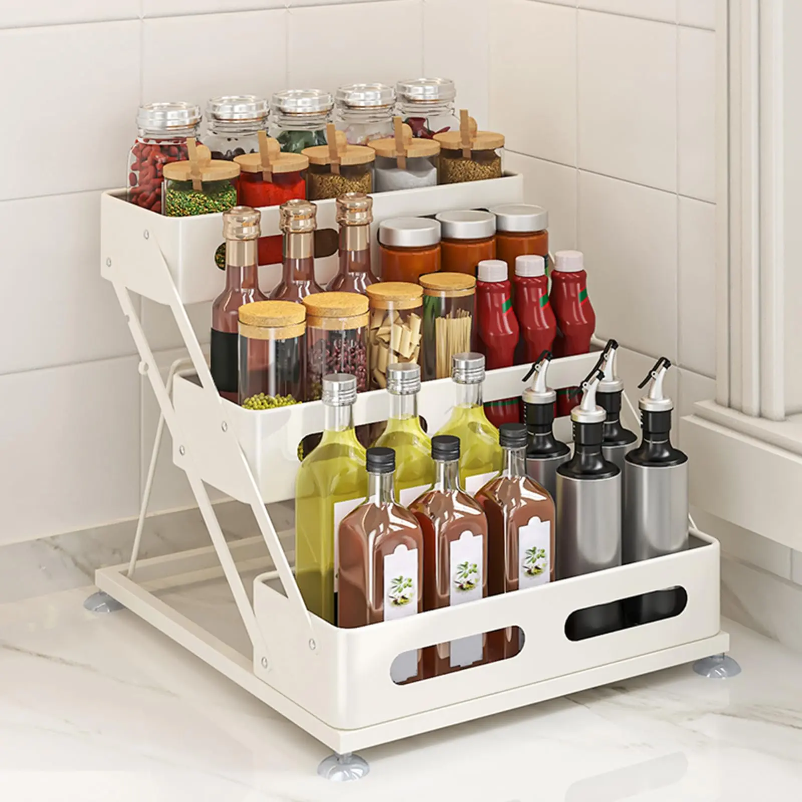 Pull Out Spice Rack Organizer for Pantry, 3 Tier Spice Organizer for Cabinet, Height Adjustable Spice Racks，White